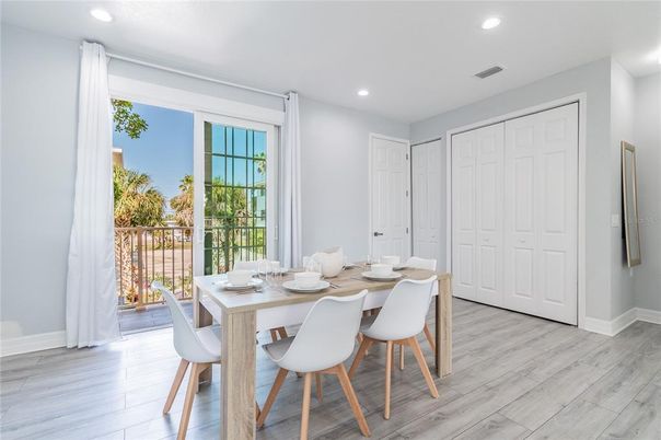 Dining room, Interior, Recessed Lighting, Wood Texture Flooring