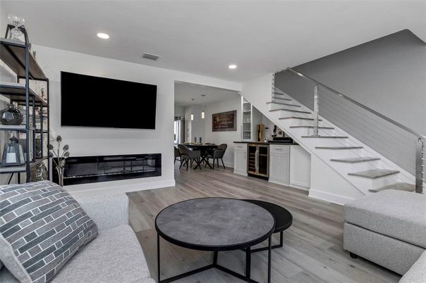 Dining room, Interior, Pendant Lights, Recessed Lighting, Wood Texture Flooring