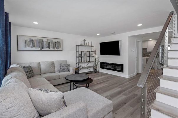 Fireplace, Interior, Living room, Recessed Lighting, Wood Texture Flooring