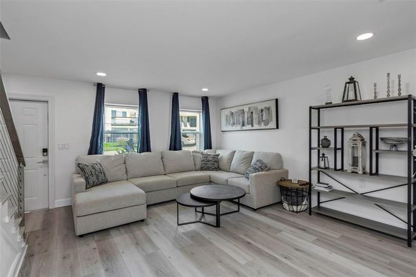 Interior, Living room, Recessed Lighting, Wood Texture Flooring