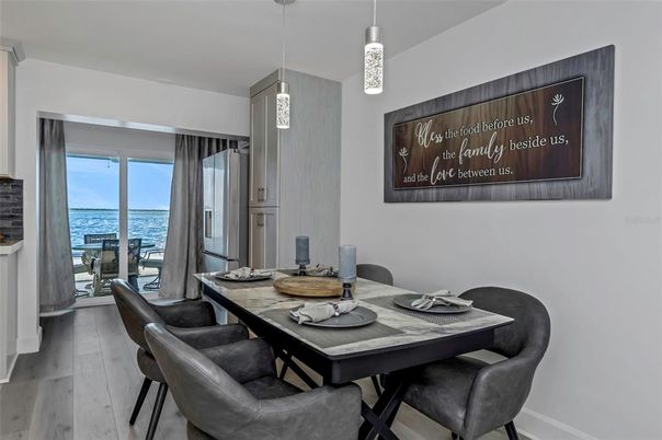 Dining room, Interior, Pendant Lights, Water, Wood Texture Flooring