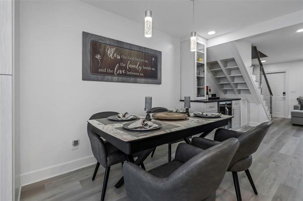 Dining room, Interior, Pendant Lights, Recessed Lighting, Wood Texture Flooring