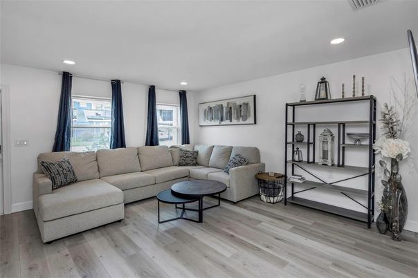 Interior, Living room, Recessed Lighting, Wood Texture Flooring