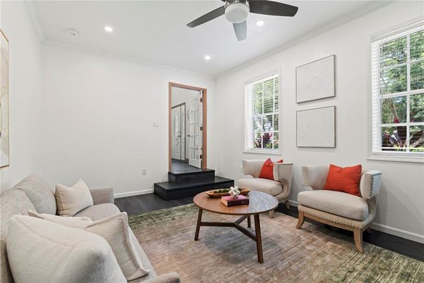 Interior, Living room, Recessed Lighting, Wood Texture Flooring