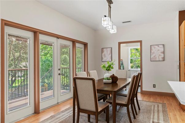 Dining room, Interior, Pendant Lights, Wood Texture Flooring