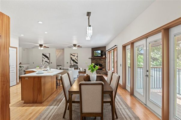 Dining room, Fireplace, Interior, Recessed Lighting, Wood Texture Flooring