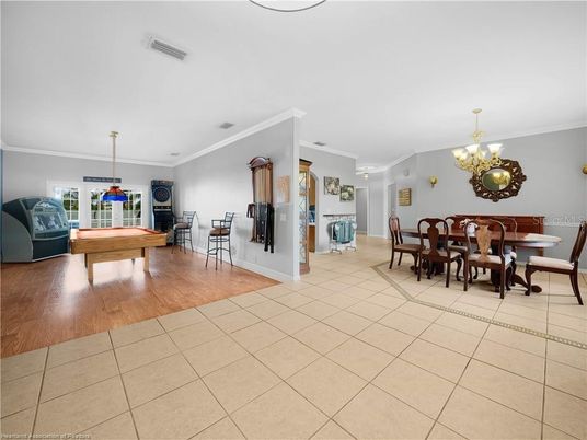 Billiard Table, Chandelier, Dining room, Game Room, Interior, Wood Texture Flooring