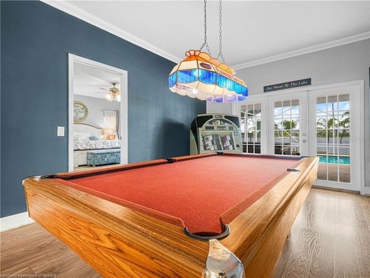 Billiard Table, Game Room, Interior, Pendant Lights, Wood Texture Flooring