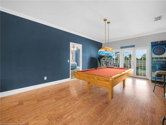 Billiard Table, Game Room, Interior, Pendant Lights, Wood Texture Flooring