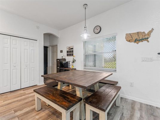 Dining room, Interior, Pendant Lights, Wood Texture Flooring