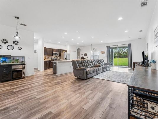 Interior, Kitchen, Living room, Pendant Lights, Recessed Lighting, Stainless Steel Appliances, Wood Texture Flooring