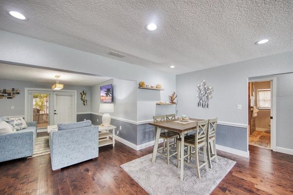 Dining room, Interior, Living room, Recessed Lighting, Wood Texture Flooring