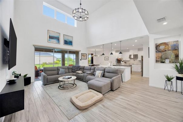 Interior, Kitchen, Living room, Pendant Lights, Recessed Lighting, Stainless Steel Appliances, Wood Texture Flooring