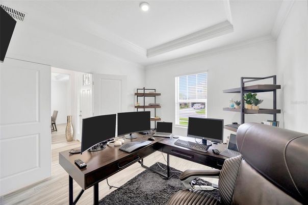 Home Office, Interior, Recessed Lighting, Wood Texture Flooring