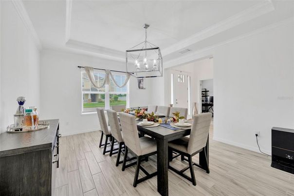 Dining room, Interior, Pendant Lights, Wood Texture Flooring