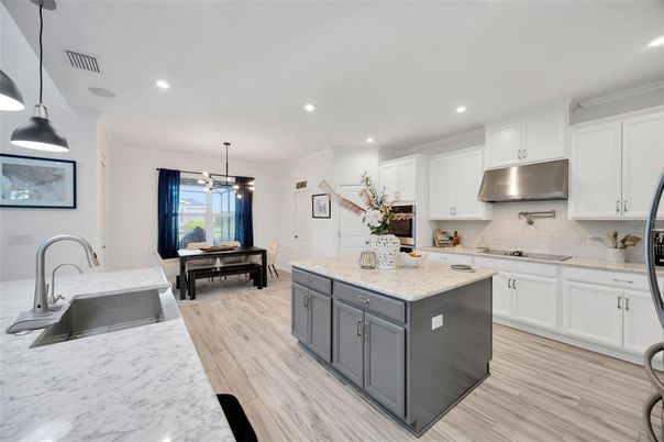 Dining room, Interior, Kitchen, Pendant Lights, Recessed Lighting, Wood Texture Flooring