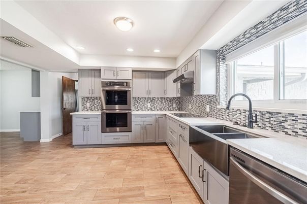 Interior, Kitchen, Recessed Lighting, Stainless Steel Appliances, Wood Texture Flooring