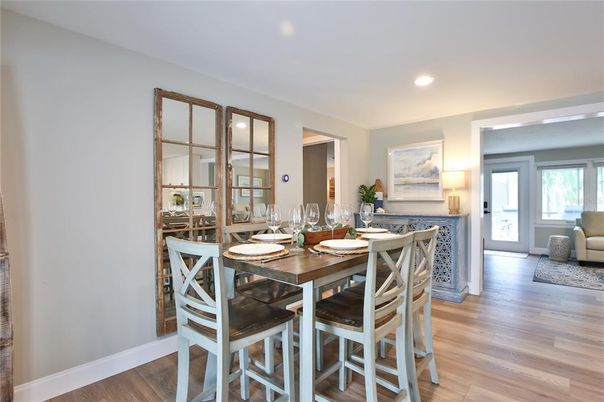 Dining room, Interior, Recessed Lighting, Wood Texture Flooring