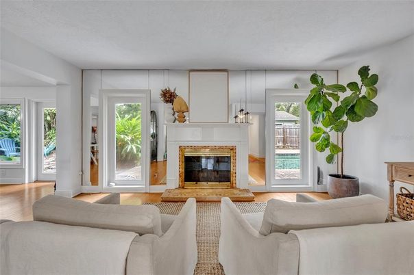 Fireplace, Interior, Living room, Pendant Lights, Wood Texture Flooring