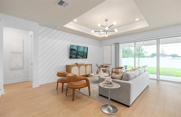 Interior, Living room, Pendant Lights, Recessed Lighting, Wood Texture Flooring