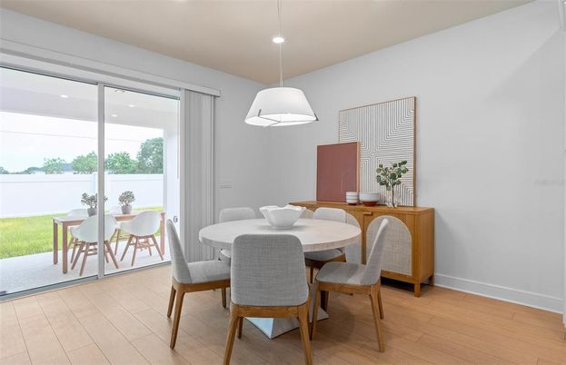 Dining room, Interior, Pendant Lights, Recessed Lighting, Wood Texture Flooring