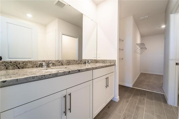 Bathroom, Dual Sink Vanities, Interior, Recessed Lighting, Wood Texture Flooring