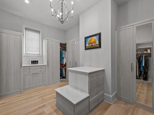 Chandelier, Interior, Recessed Lighting, Walk-in Closets, Wood Texture Flooring