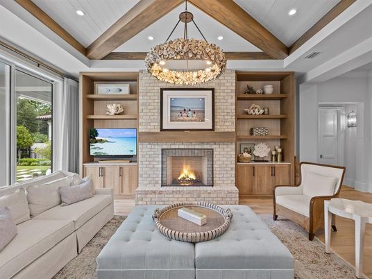 Fireplace, Interior, Living room, Pendant Lights, Recessed Lighting, Stone Walls, Wooden Beams, Wood Texture Flooring