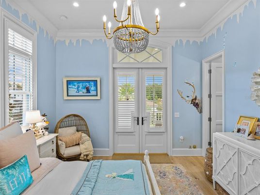 Bedroom, Chandelier, Interior, Recessed Lighting, Wood Texture Flooring