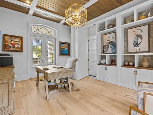 Chandelier, Home Office, Interior, Pendant Lights, Recessed Lighting, Wooden Ceilings, Wood Texture Flooring