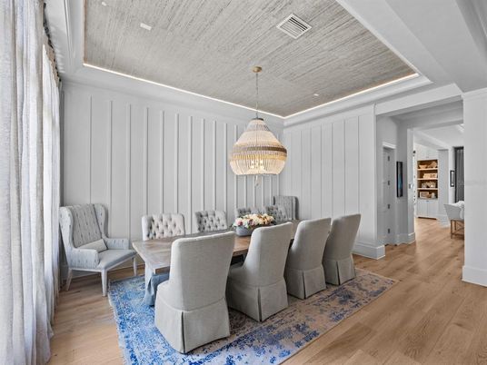 Dining room, Interior, Pendant Lights, Wood Texture Flooring