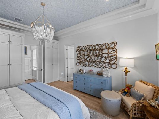 Bedroom, Chandelier, Interior, Wood Texture Flooring