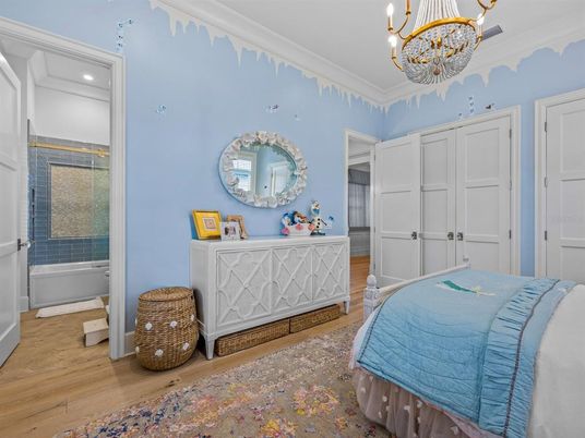 Bedroom, Chandelier, Interior, Recessed Lighting, Wood Texture Flooring