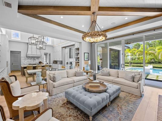 Chandelier, Dining room, Interior, Kitchen, Living room, Pendant Lights, Recessed Lighting, Wooden Beams, Wood Texture Flooring
