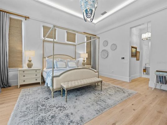 Bedroom, Interior, Pendant Lights, Wood Texture Flooring