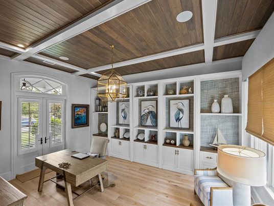Home Office, Interior, Pendant Lights, Wooden Ceilings, Wood Texture Flooring