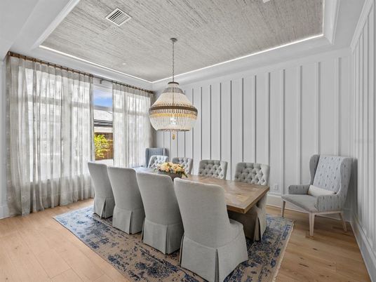Chandelier, Dining room, Interior, Pendant Lights, Wood Texture Flooring