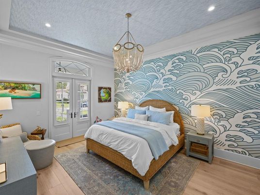 Bedroom, Interior, Pendant Lights, Recessed Lighting, Wood Texture Flooring