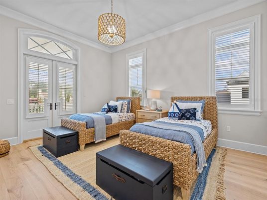 Bedroom, Interior, Pendant Lights, Wood Texture Flooring