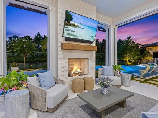 Fireplace, Interior, Living room, Pool