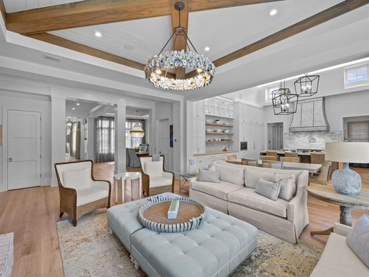 Chandelier, Interior, Kitchen, Living room, Pendant Lights, Recessed Lighting, Wooden Beams, Wood Texture Flooring