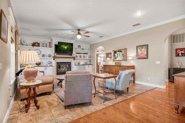 Fireplace, Interior, Living room, Recessed Lighting, Wood Texture Flooring