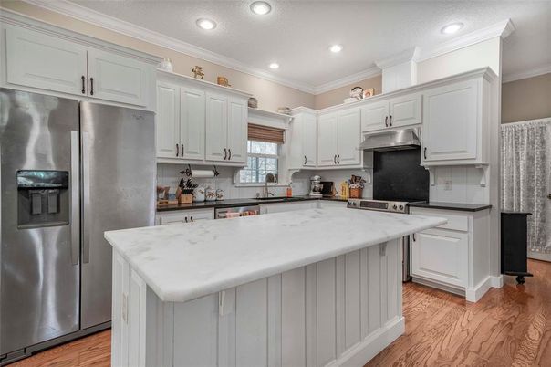 Interior, Kitchen, Recessed Lighting, Stainless Steel Appliances, Wood Texture Flooring