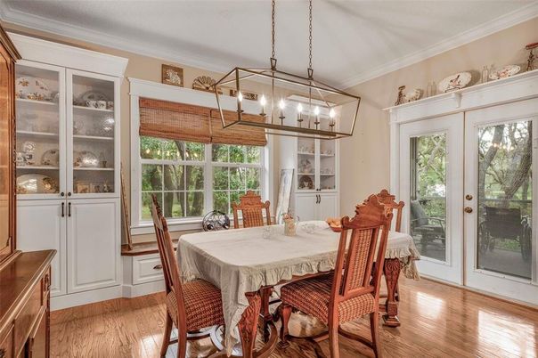 Dining room, Interior, Pendant Lights, Wood Texture Flooring