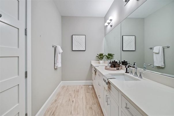 Bathroom, Dual Sink Vanities, Interior, Wood Texture Flooring