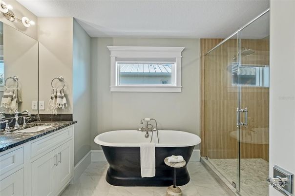 Bathroom, Dual Sink Vanities, Free Standing Baths, Glass Shower, Interior, Marble