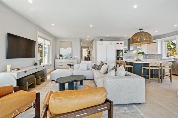 Interior, Kitchen, Living room, Recessed Lighting, Stainless Steel Appliances, Wood Texture Flooring