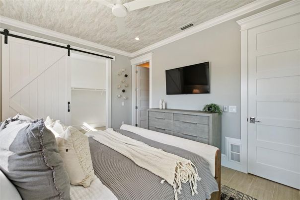 Bedroom, Interior, Recessed Lighting, Wood Texture Flooring