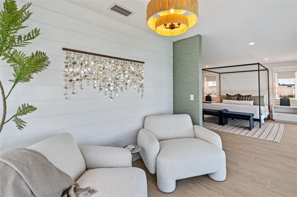 Bedroom, Interior, Pendant Lights, Recessed Lighting, Wood Texture Flooring