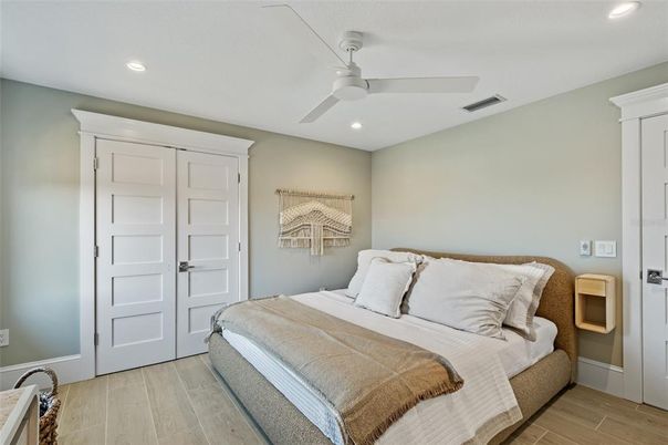 Bedroom, Interior, Recessed Lighting, Wood Texture Flooring